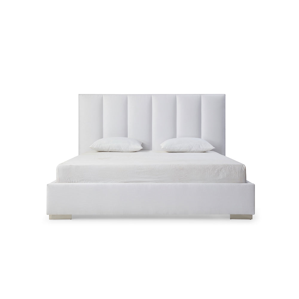 Velvet Queen Bed in Vertical Channel Tufted Pure White Linen