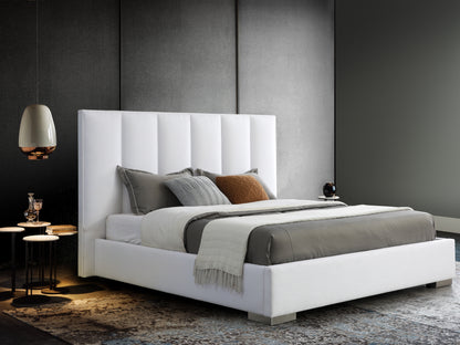 Velvet Queen Bed in Vertical Channel Tufted Pure White Linen