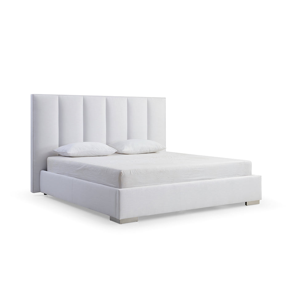 Velvet Queen Bed in Vertical Channel Tufted Pure White Linen