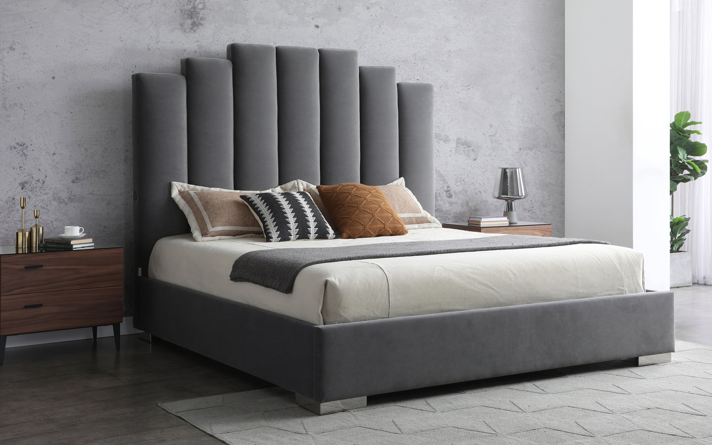 Jordan Queen Bed in Gray Velvet & Chrome w/ Double USB in Headboard