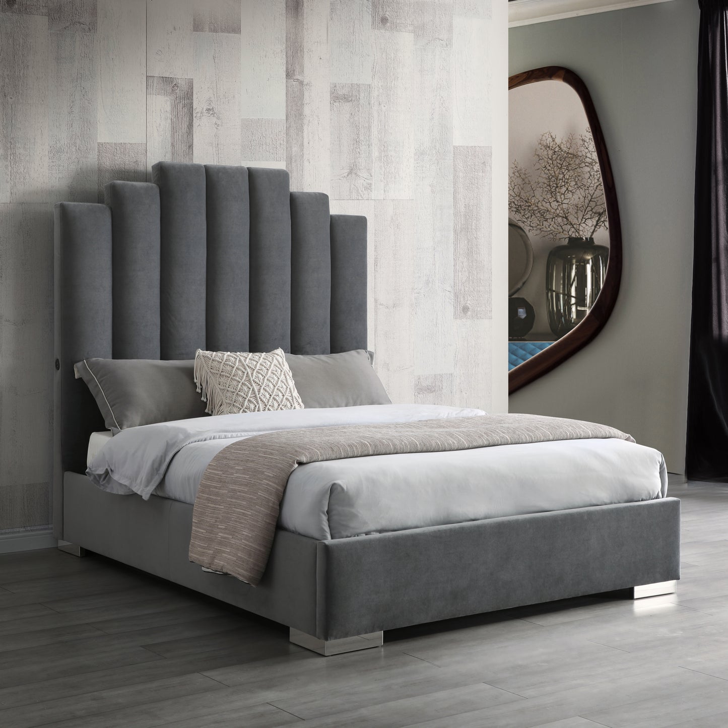 Jordan Queen Bed in Gray Velvet & Chrome w/ Double USB in Headboard