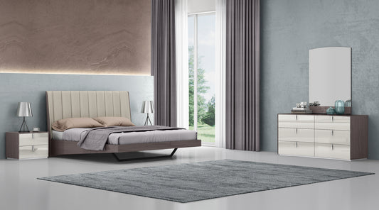 Berlin Queen Bed in High Gloss Chestnut Grey & Channel Tufted Light Grey Eco Leather