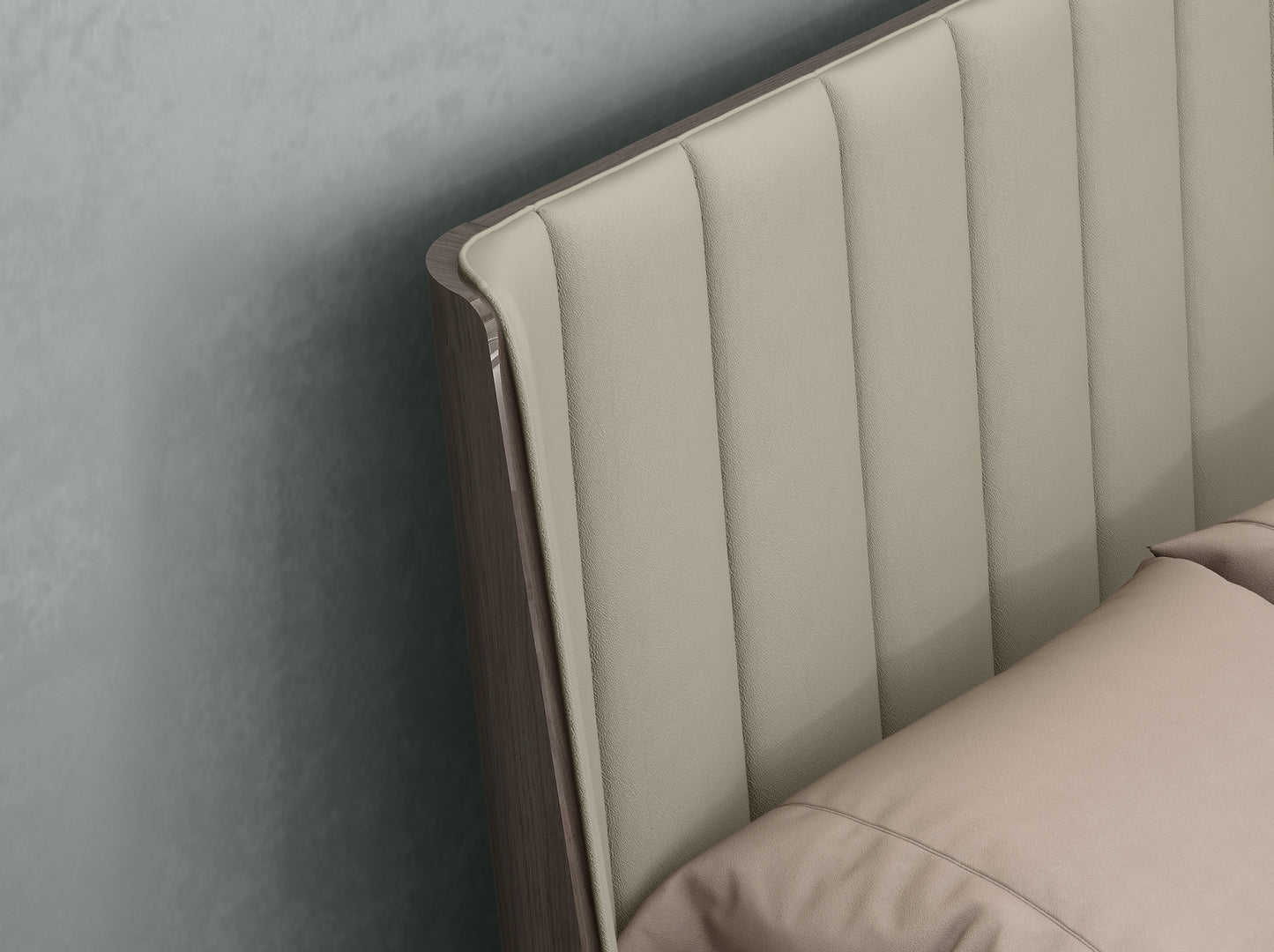 Berlin Queen Bed in High Gloss Chestnut Grey & Channel Tufted Light Grey Eco Leather