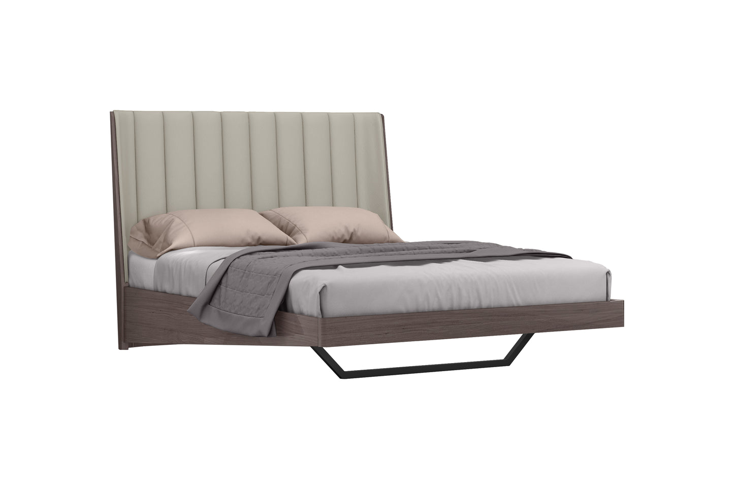 Berlin Queen Bed in High Gloss Chestnut Grey & Channel Tufted Light Grey Eco Leather