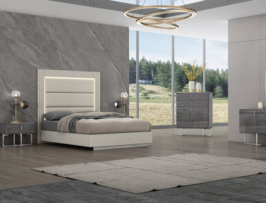 Chloe Queen Bed in Grey & Polished Stainless w/ Grey Eco Leather Headboard w/ LED