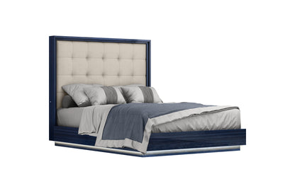 Alexander Queen Bed w/ LED in High Gloss Saphire Blue & Tufted Light Grey Leatherette