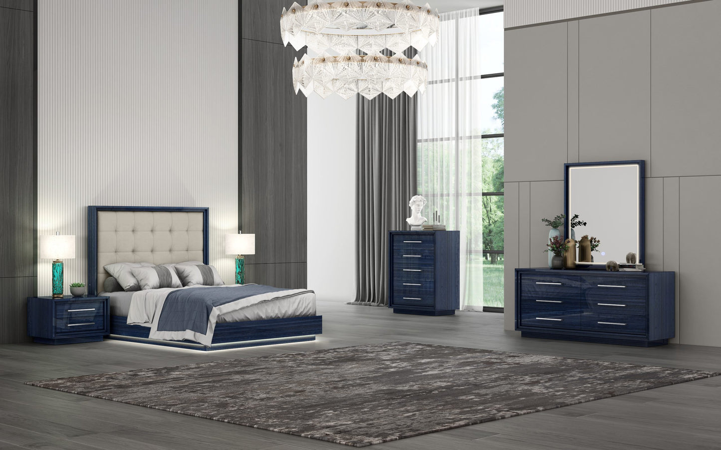 Alexander Queen Bed w/ LED in High Gloss Saphire Blue & Tufted Light Grey Leatherette by Whiteline Modern Living