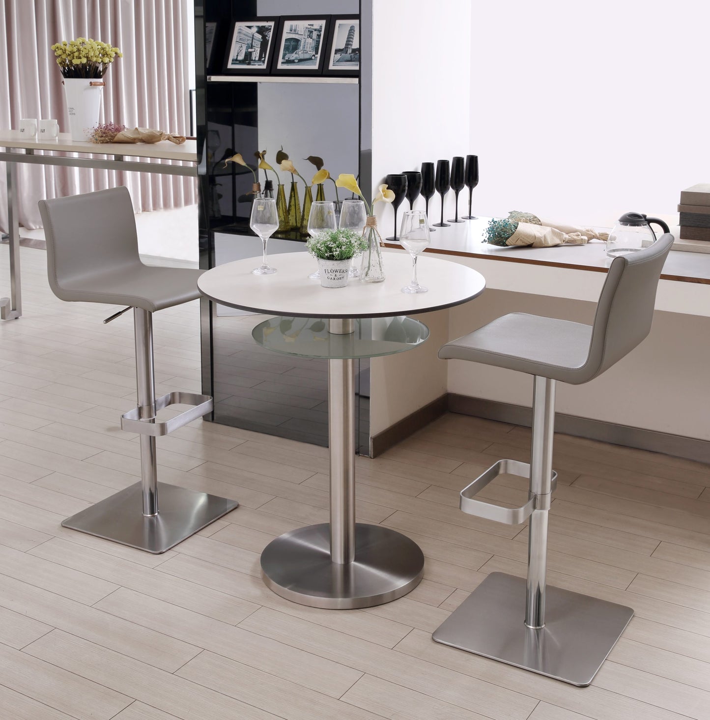 Watson Adjustable Bar Stool in Light Grey Leatherette & Stainless Steel by Whiteline Modern Living