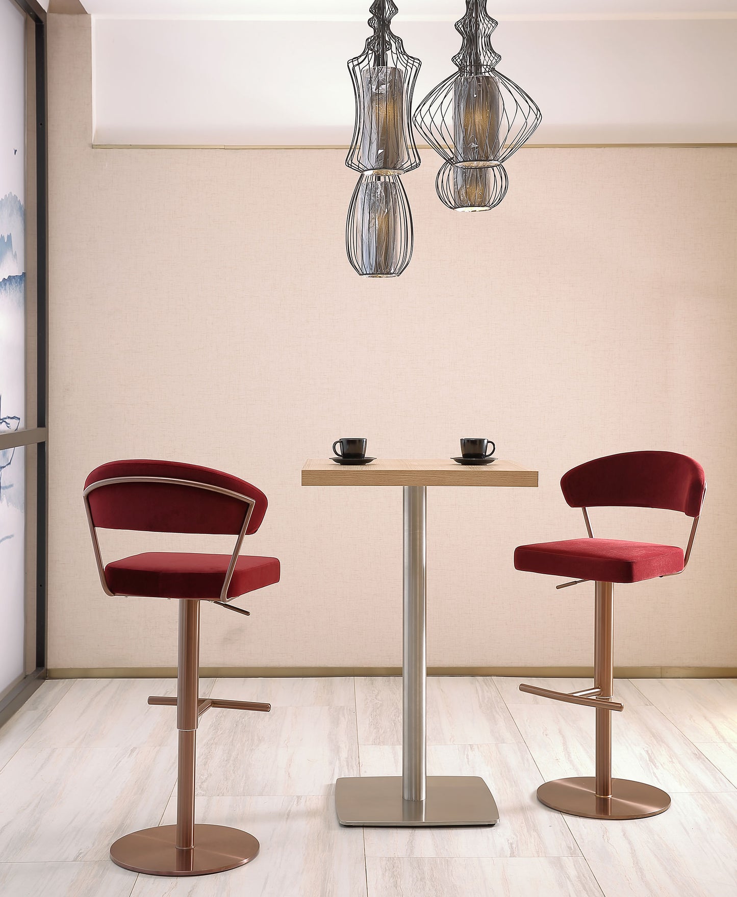 Nova Adjustable Bar Stool in Red Velvet & Rose Gold Stainless Steel by Whiteline Modern Living