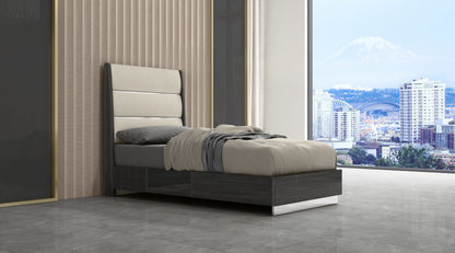 Pino Twin Bed in Gloss Dark Grey, Light Grey Leatherette & Stainless by Whiteline Modern Living