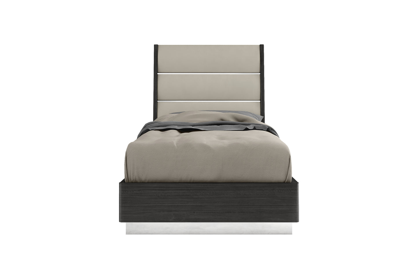 Pino Twin Bed in Gloss Dark Grey, Light Grey Leatherette & Stainl