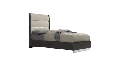 Pino Twin Bed in Gloss Dark Grey, Light Grey Leatherette & Stainl