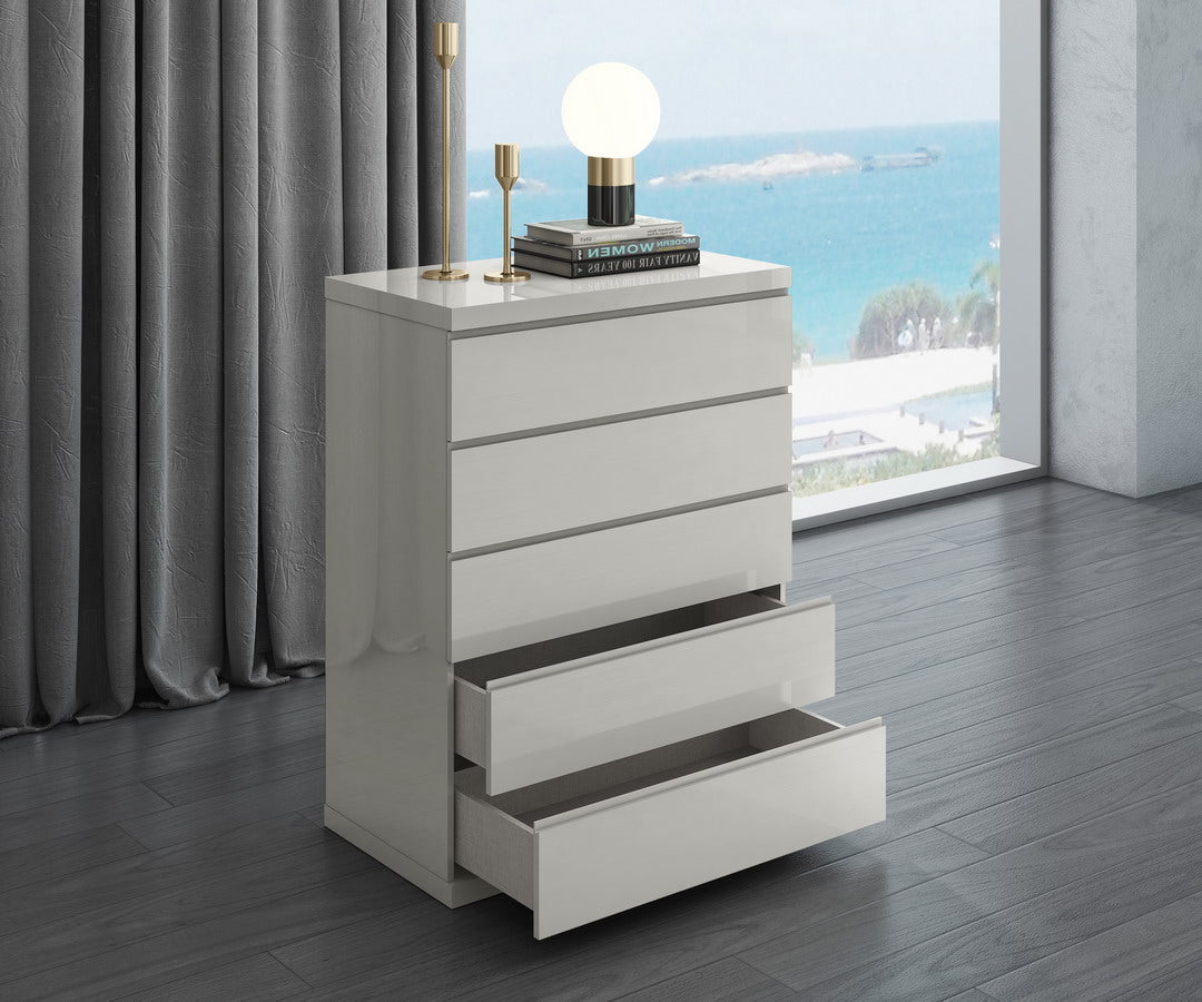 Anna 5 Drawer Chest in High Gloss Light Grey Finish