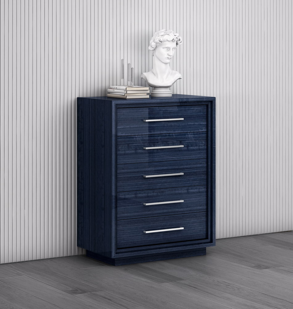 Alexander 5 Drawer Chest in High Gloss Saphire Blue & Stainless Steel by Whiteline Modern Living