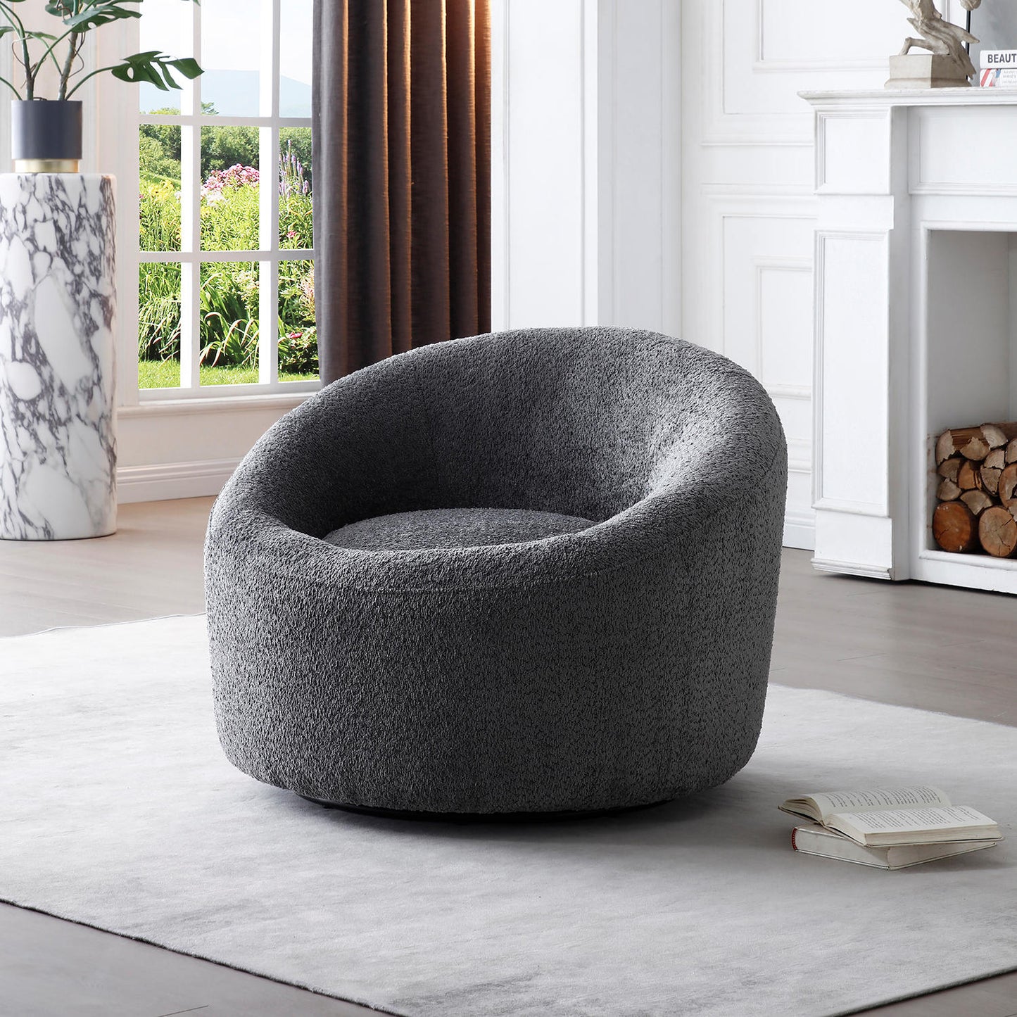 Perla Round Swivel Accent Chair in Dark Grey Boucle Fabric by Whiteline Modern Living