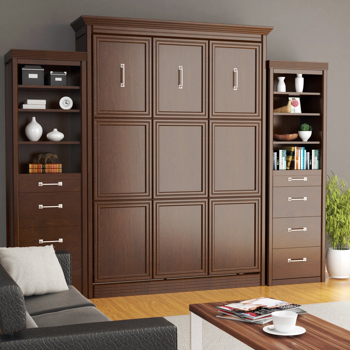 Queen Murphy Bed, 2 Storage Towers & Headboard, Chamberlain Vertical - Walnut