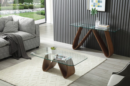 Emory Console Table in Clear Tempered Glass & Walnut Veneer by Whiteline Modern Living