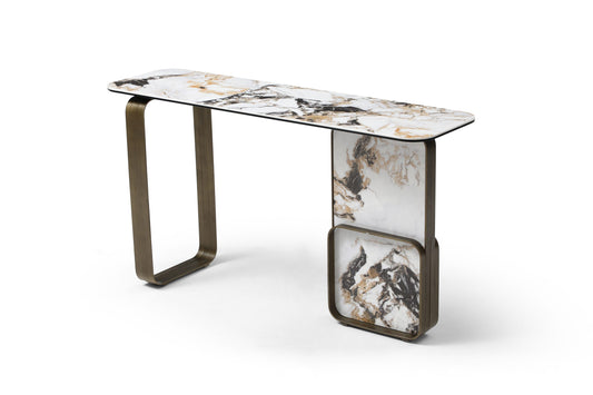 Kora Console Table in Glass, White, Black & Gold Marbleized Ceramic & Brushed Bronze by Whiteline Modern Living