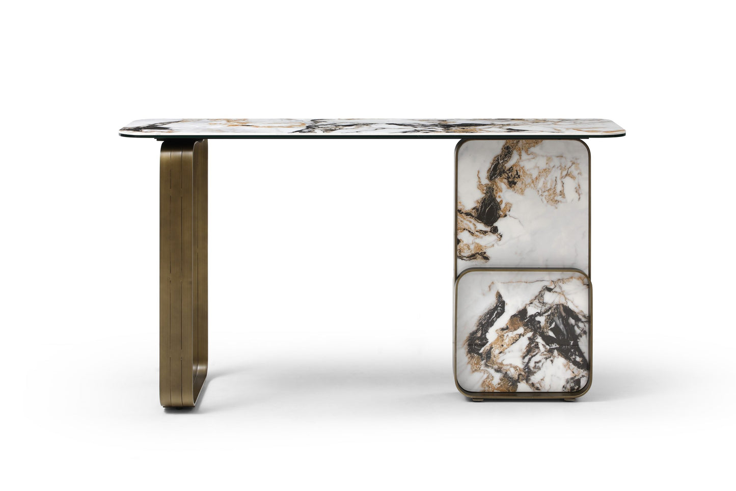 Kora Console Table in Glass, White, Black & Gold Marbleized Ceramic & Brushed Bronze by Whiteline Modern Living