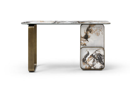 Kora Console Table in Glass, White, Black & Gold Marbleized Ceramic & Brushed Bronze by Whiteline Modern Living