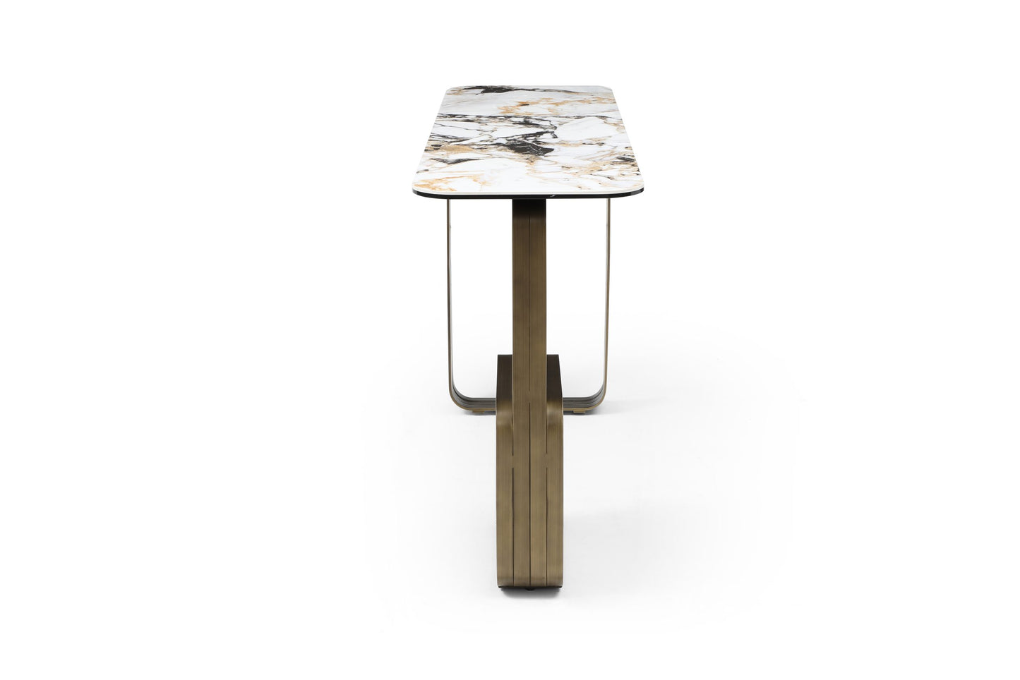 Kora Console Table in Glass, White, Black & Gold Marbleized Ceramic & Brushed Bronze by Whiteline Modern Living