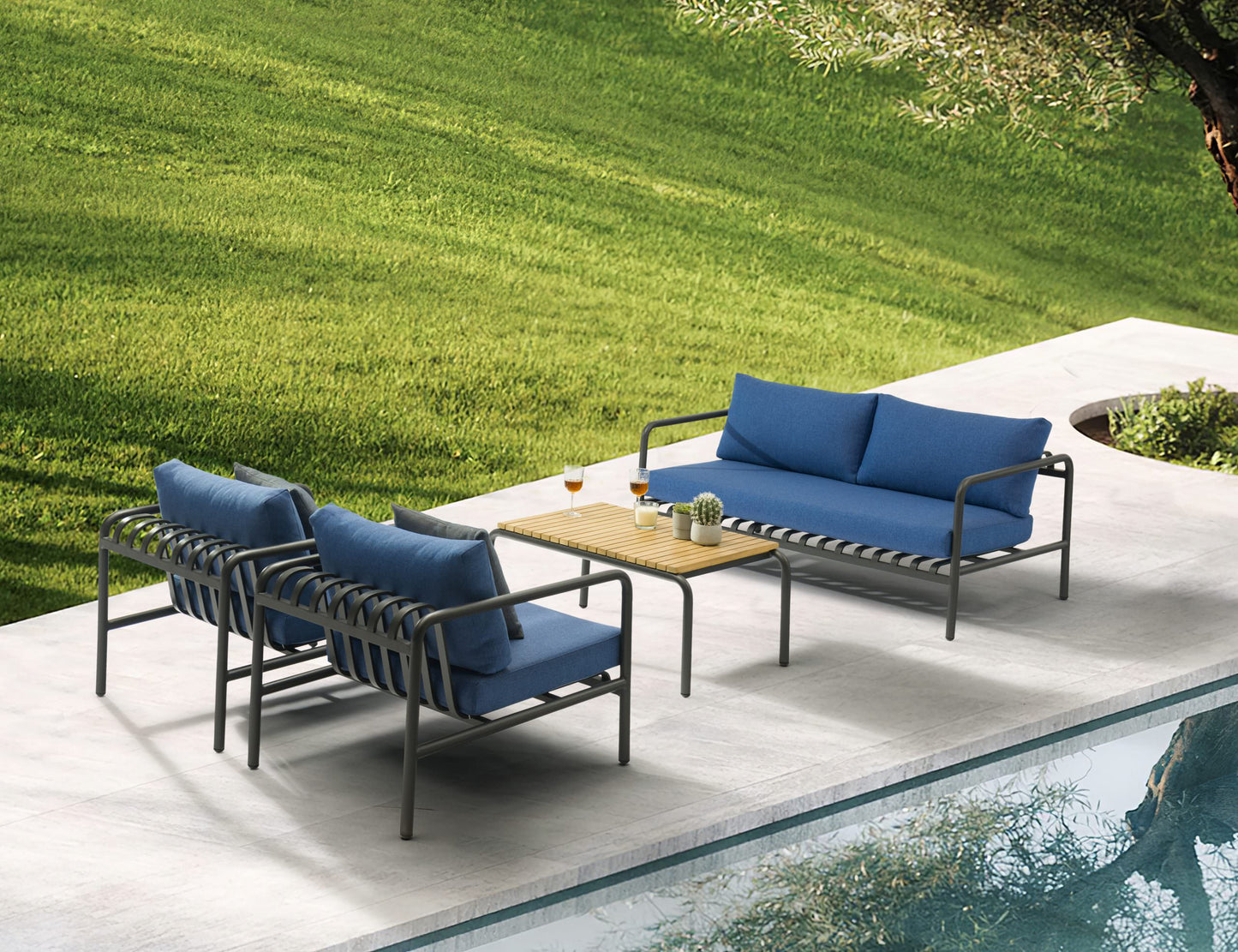 Andrea 4 Piece Outdoor Loveseat Set in Blue Olifen Fabric & Grey Aluminum by Whiteline Modern Living