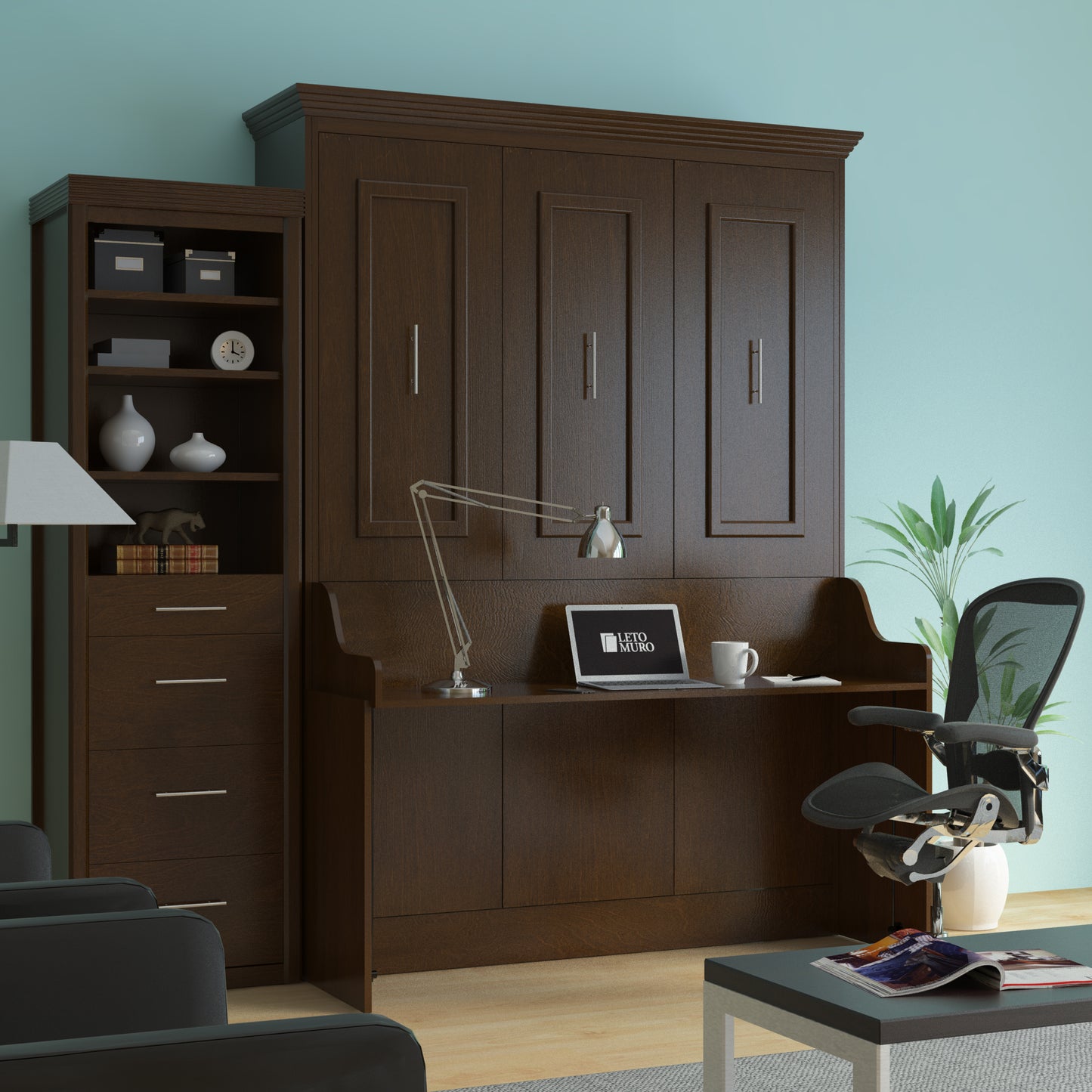 Murphy Bed With Desk & Storage Cabinet, Queen Size, Walnut Coventry by Leto Muro