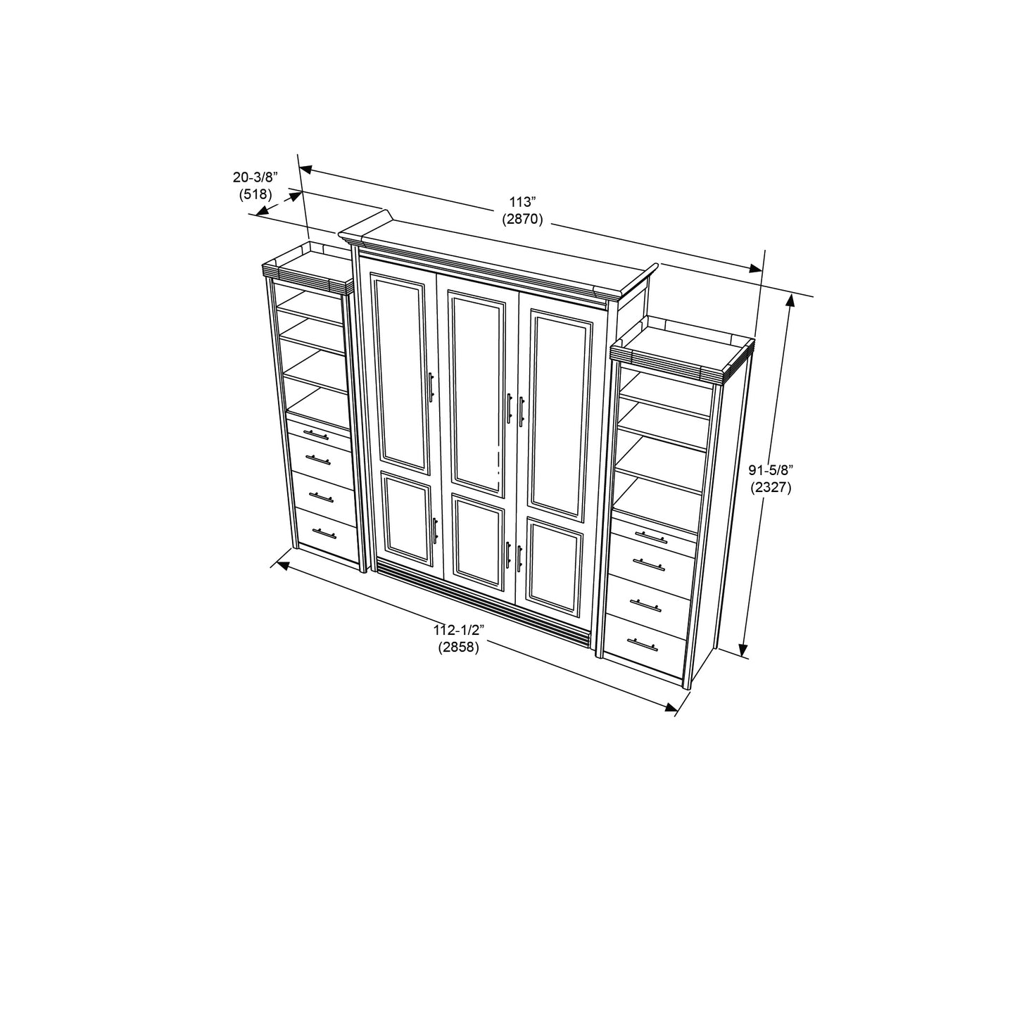 Wall Bed With 2 Storage Cabinets, Queen Size, Walnut Coventry Series by Leto Muro