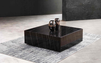 Cube Square Coffee Table w/ Casters in High Gloss Black Marble by Whiteline Modern Living