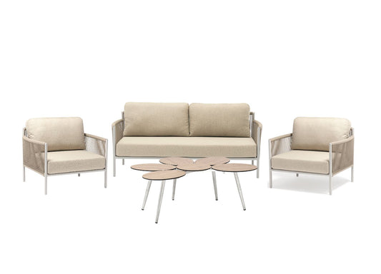 Catalina 4 Piece Outdoor Loveseat Set in Grey Aluminum, Light Gray Rope & Brown Fabric by Whiteline Modern Living