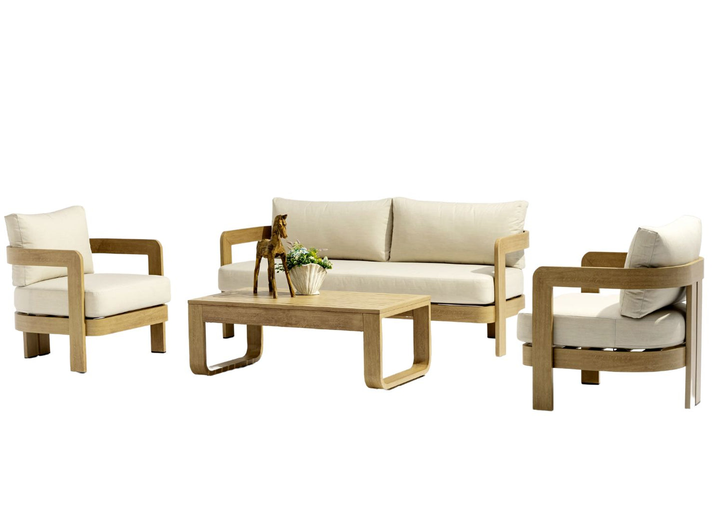 Sally 4 Piece Outdoor Loveseat Set in Wood Finish Aluminum & Beige Fabric by Whiteline Modern Living