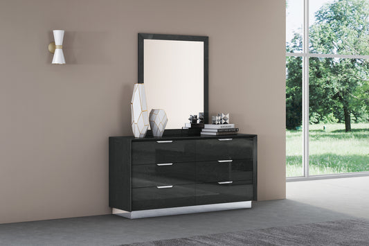 Navi 6 Drawer Double Dresser in High Gloss Grey w/ Stainless Steel Trim