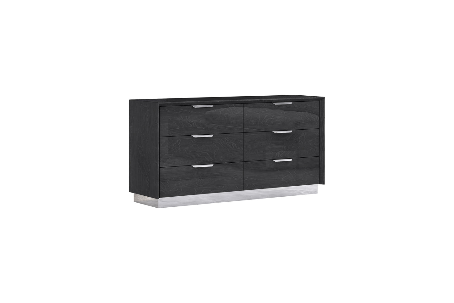 Navi 6 Drawer Double Dresser in High Gloss Grey w/ Stainless Steel Trim