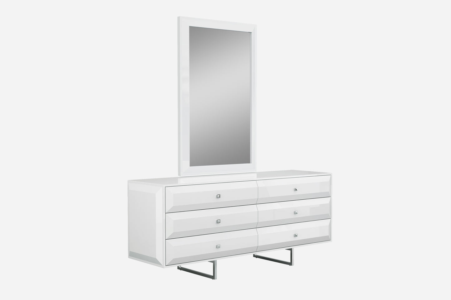 Abrazo 6 Drawer Dresser in High Gloss White w/ Geometric Design on Stainless Steel Base