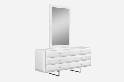 Abrazo 6 Drawer Dresser in High Gloss White w/ Geometric Design on Stainless Steel Base