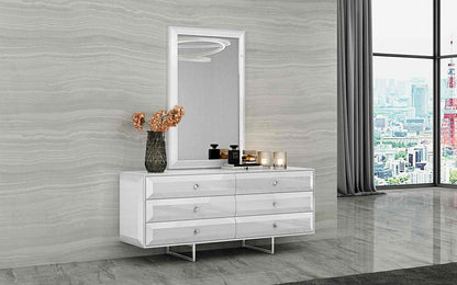 Abrazo 6 Drawer Dresser in High Gloss White w/ Geometric Design on Stainless Steel Base