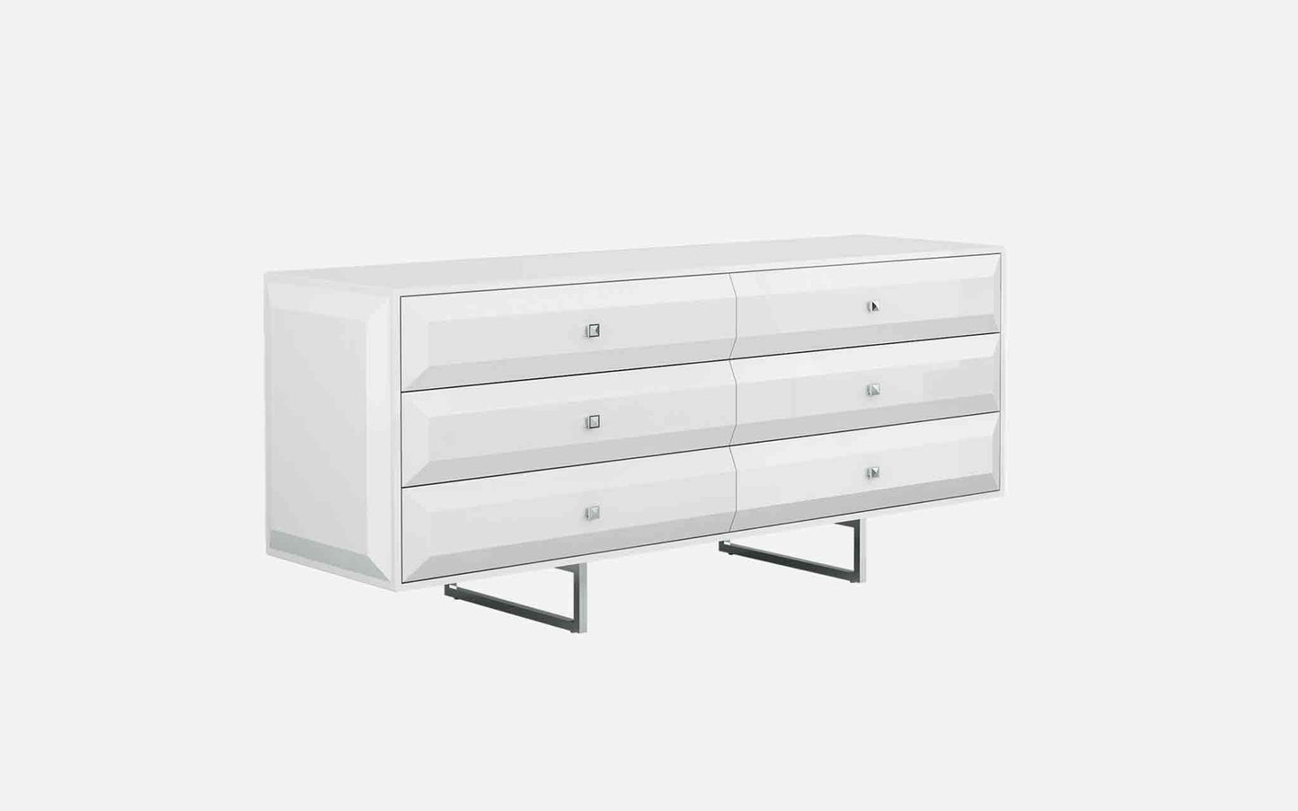 Abrazo 6 Drawer Dresser in High Gloss White w/ Geometric Design on Stainless Steel Base