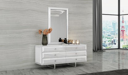 Abrazo 6 Drawer Dresser in High Gloss White w/ Geometric Design on Stainless Steel Base