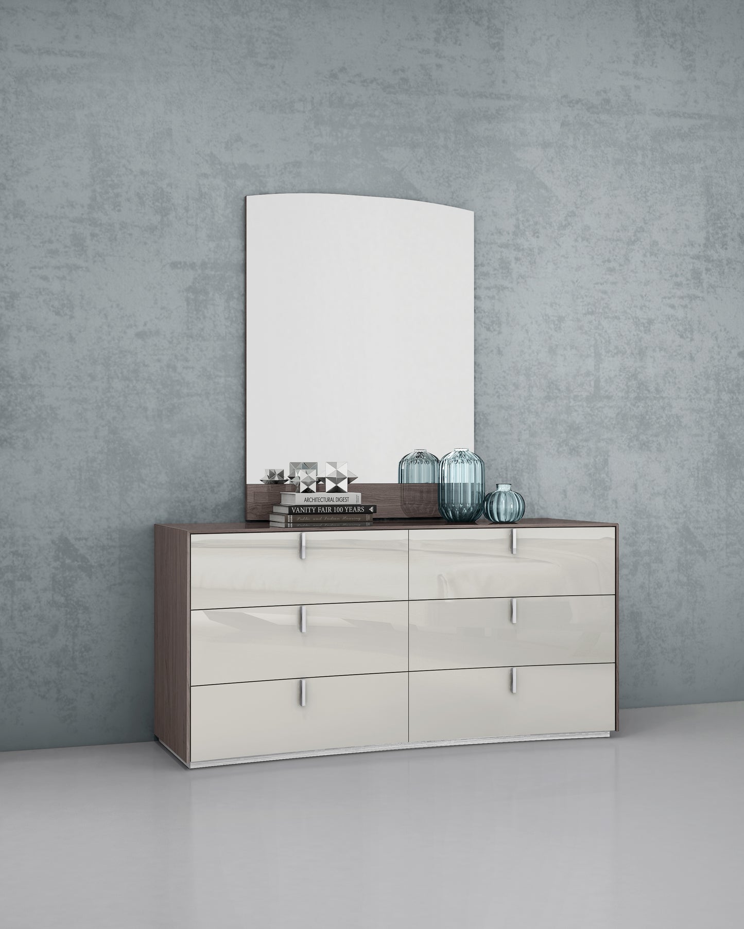 Berlin Dresser & Mirror Set in High Gloss Chestnut Grey & Light Grey Finish