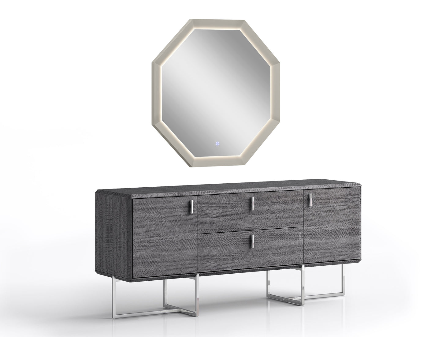 Chloe Dresser & Mirror Set in High Gloss Grey & Polished Stainless Steel