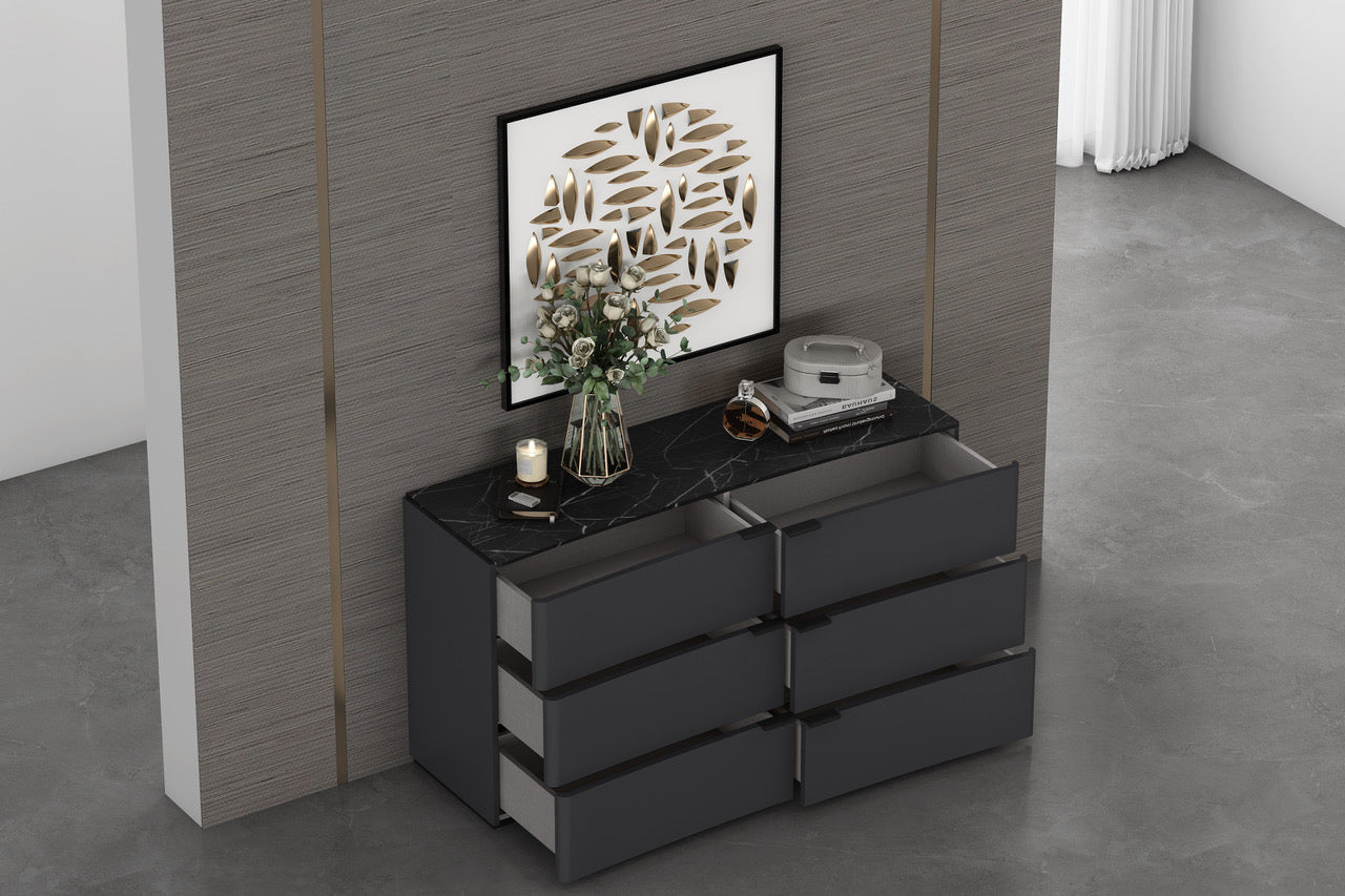 Massimo 6 Drawer Dresser in Dark Grey w/ Black & White Marble Texture Lacquer