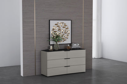 Massimo 6 Drawer Dresser in Light Grey w/ Black & White Marble Texture Lacquer