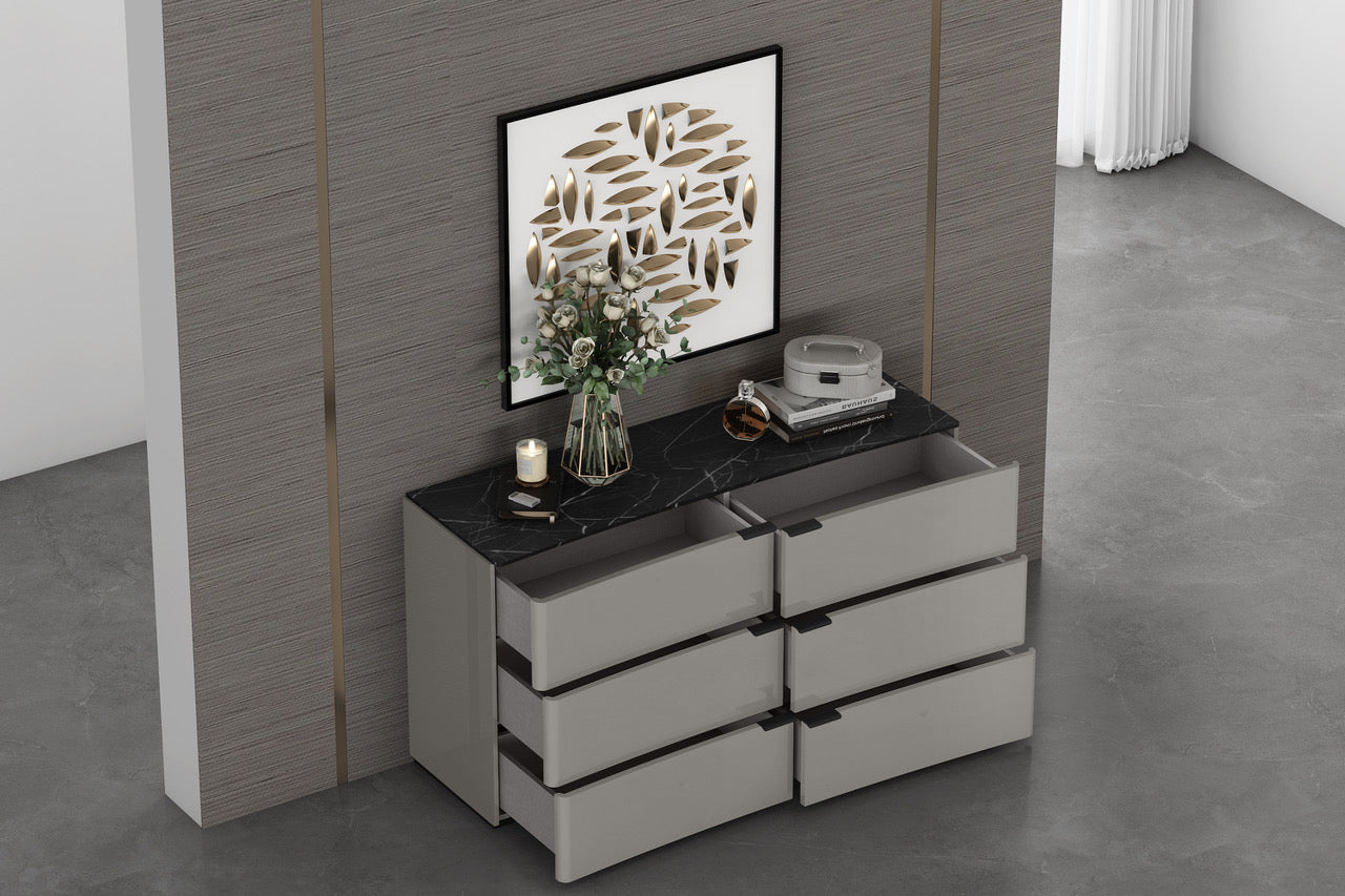 Massimo 6 Drawer Dresser in Light Grey w/ Black & White Marble Texture Lacquer