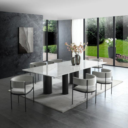 Envie 108" Dining Table in High Gloss White Marble & Brushed Black Stainless by Whiteline Modern Living