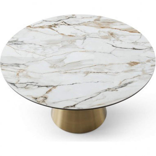 Charlotte 53" Round Dining Table in Glass, White Ceramic & Gold Stainless Steel by Whiteline Modern Living