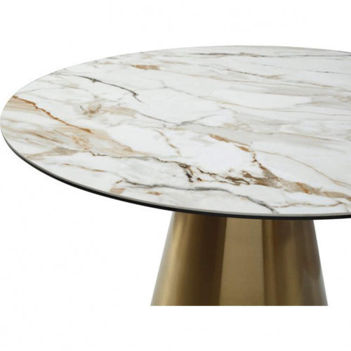 Charlotte 53" Round Dining Table in Glass, White Ceramic & Gold Stainless Steel by Whiteline Modern Living