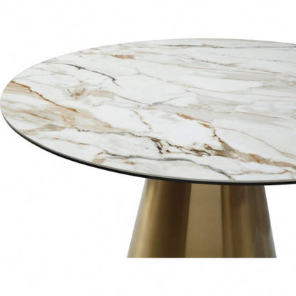 Charlotte 53" Round Dining Table in Glass, White Ceramic & Gold Stainless Steel by Whiteline Modern Living