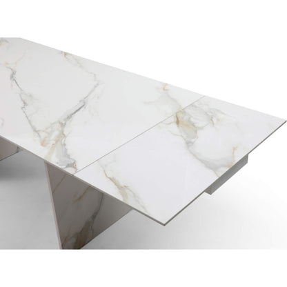 Georgia 71" Extendable Dining Table in White Gold Marble Look Ceramic & White Metal by Whiteline Modern Living