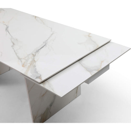 Georgia 71" Extendable Dining Table in White Gold Marble Look Ceramic & White Metal by Whiteline Modern Living