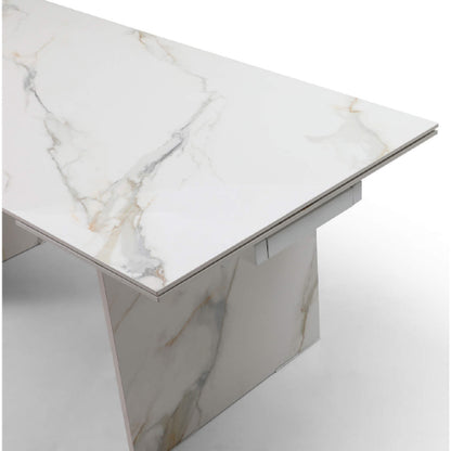 Georgia 71" Extendable Dining Table in White Gold Marble Look Ceramic & White Metal by Whiteline Modern Living